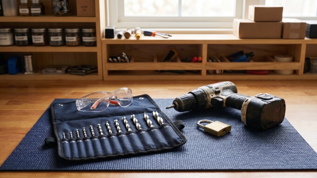 Bright silver high-speed steel drill bits with a cordless drill, safety glasses, and detached brass cabinet lock.