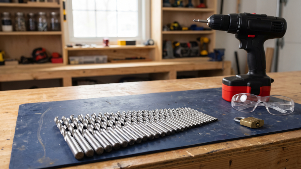 High-speed steel drill bits arranged beside a cordless drill, safety glasses, and brass padlock on a workshop bench.