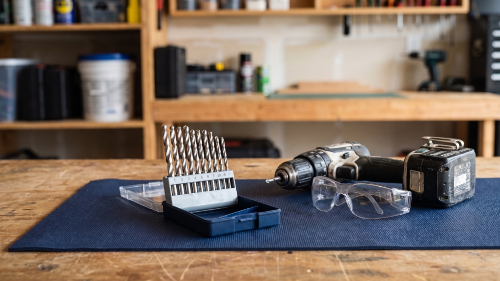 High-speed steel drill bits arranged beside a cordless drill, safety glasses, and brass padlock on a workshop bench.
