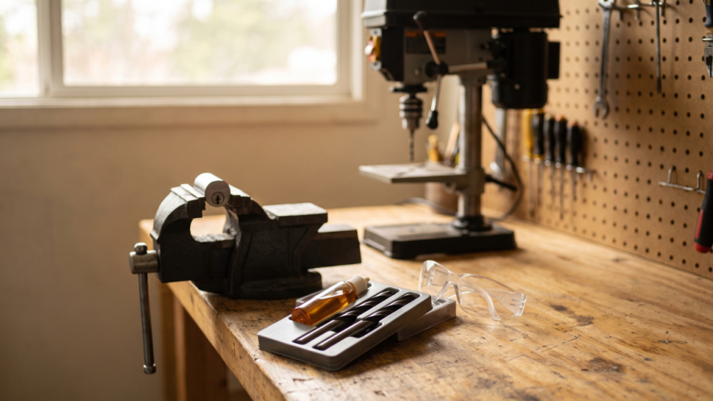 Carbide drill bits, cutting oil, and safety glasses beside a lock cylinder secured in a bench vise.