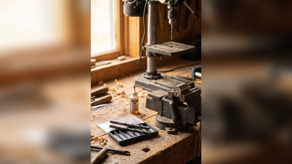 Two solid-carbide drill bits, safety glasses, cutting oil, and a practice lock cylinder secured in a bench vise.