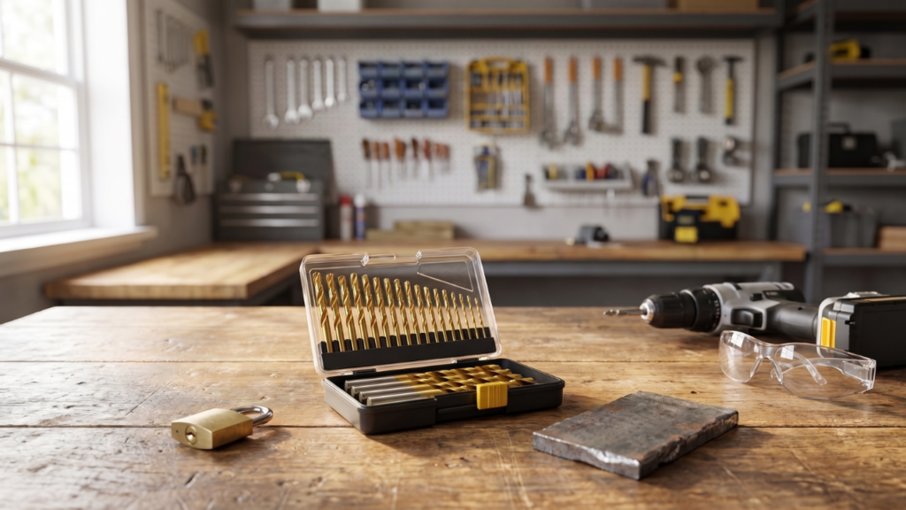 Titanium-coated drill bits beside a cordless drill, safety glasses, brass padlock, and metal plate on a workshop bench.