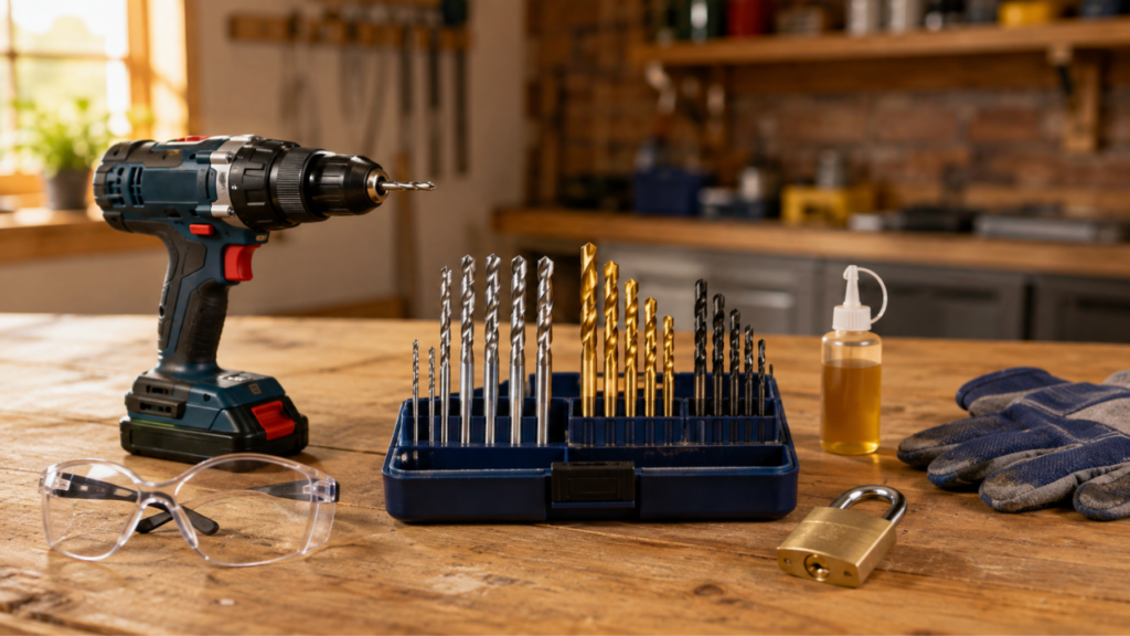 Organized metal drill-bit kit with a cordless drill, safety glasses, cutting oil, gloves, and detached padlock on a workshop bench.