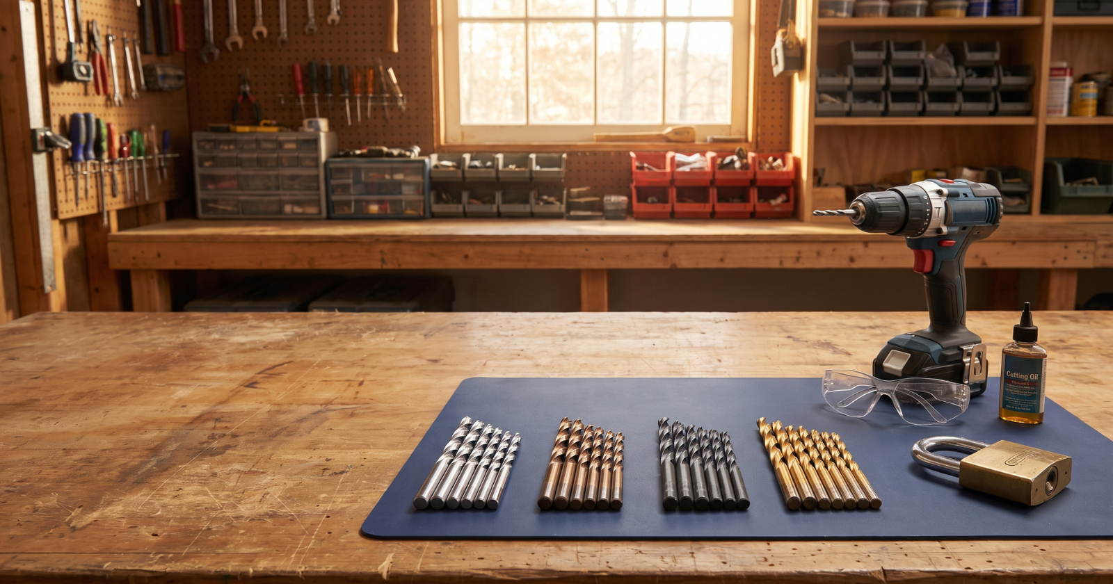 Four types of drill bits for drilling out locks beside a cordless drill, safety glasses, cutting oil, and padlock.