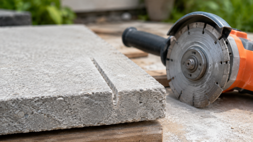 close view of a concrete paver with a clearly visible shallow cut groove and an angle grinder nearby, practical DIY demonstration of cut depth, outdoor work area, bright natural light, realistic home improvement photography,
