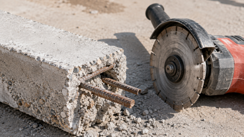 partially cut reinforced concrete piece with exposed steel rebar and an angle grinder with diamond blade nearby, realistic DIY limitation scene, outdoor workspace, bright natural light, home improvement photography,