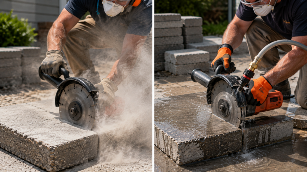 side-by-side comparison scene showing dry concrete cutting with visible dust on one side and wet concrete cutting with water suppression on the other, angle grinder and concrete pavers in both setups, realistic DIY comparison image, bright natural light