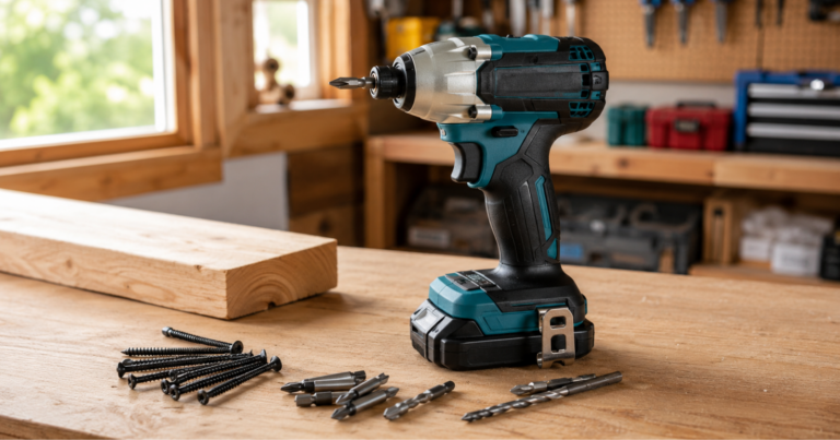 cordless impact driver resting on a clean wooden workbench with driver bits, long screws, small drill bits, and a piece of lumber nearby, bright natural light coming through a workshop window, realistic home workshop setting, practical and beginner-friendly feel, clean composition