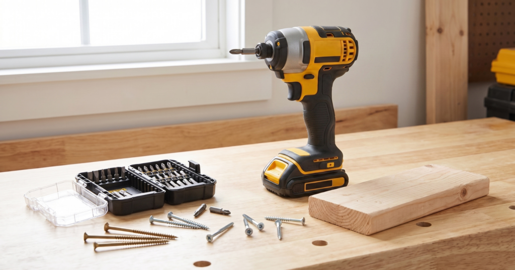 cordless impact driver on a clean workbench with driver bits, screws, a battery pack, and a small wood board nearby, bright natural workshop light, realistic DIY tool photography, practical and beginner-friendly setup,