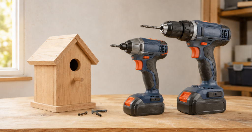 Impact driver vs drill comparison beside an unfinished wooden birdhouse on a home garage workbench.