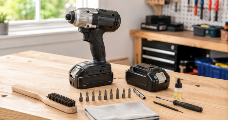 Impact driver maintenance tools on a sunlit workbench