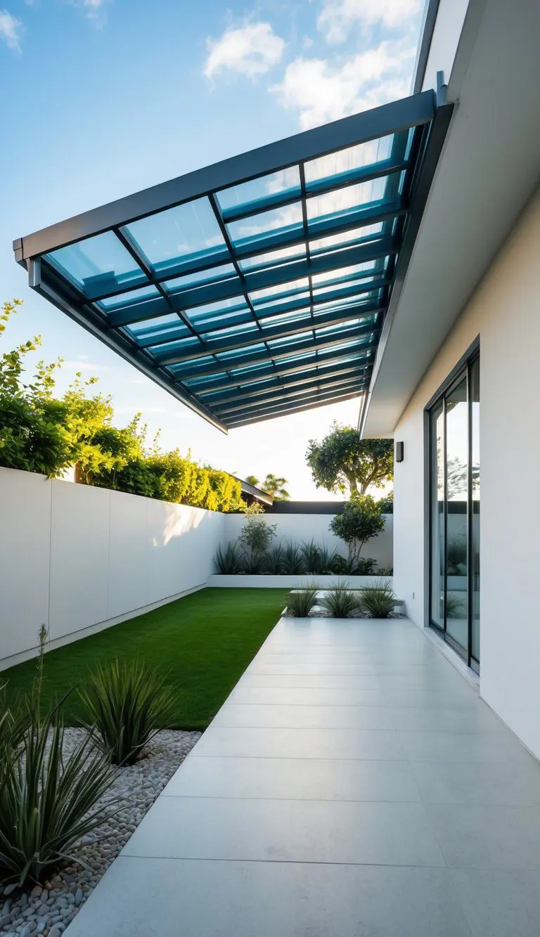 A modern porch with sleek polycarbonate sheets awning, surrounded by clean lines and minimalist landscaping