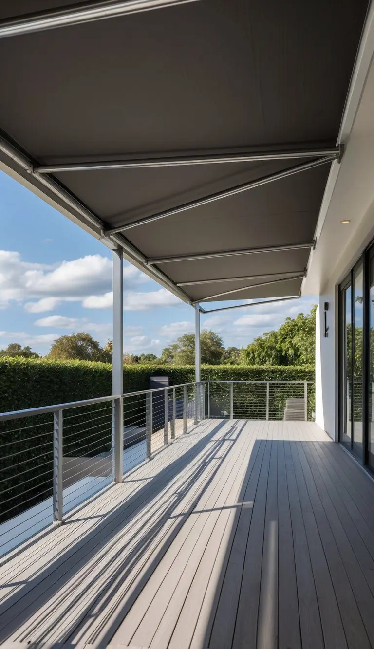 A steel cable-tensioned awning extends over a modern outdoor space, casting shade and adding a sleek, contemporary touch to the porch
