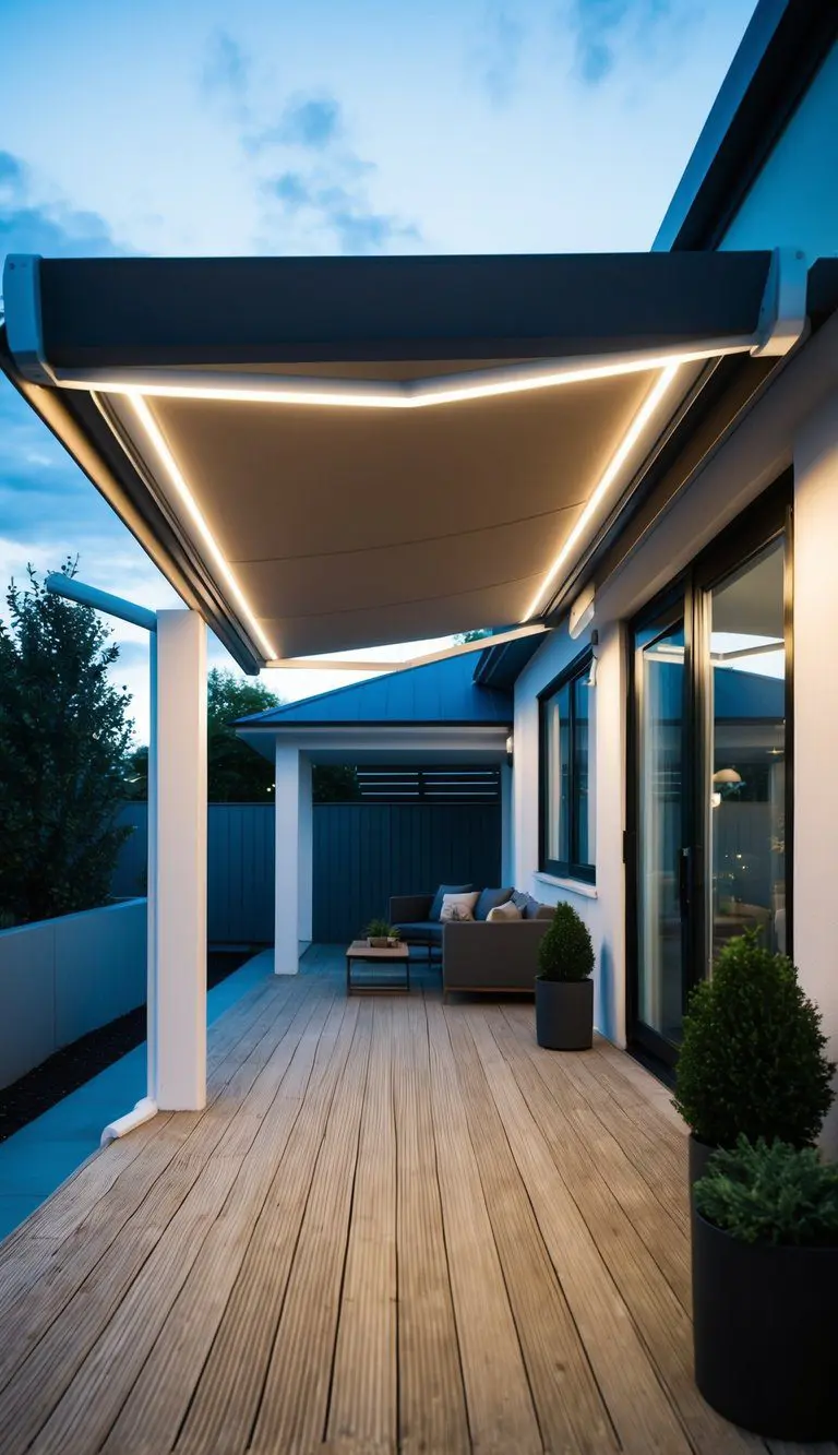 A modern porch with a sleek LED-lit fabric awning, casting a soft glow over the outdoor space