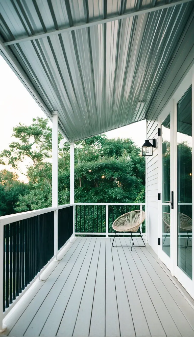A modern porch with a corrugated metal awning, clean lines, and minimalistic design