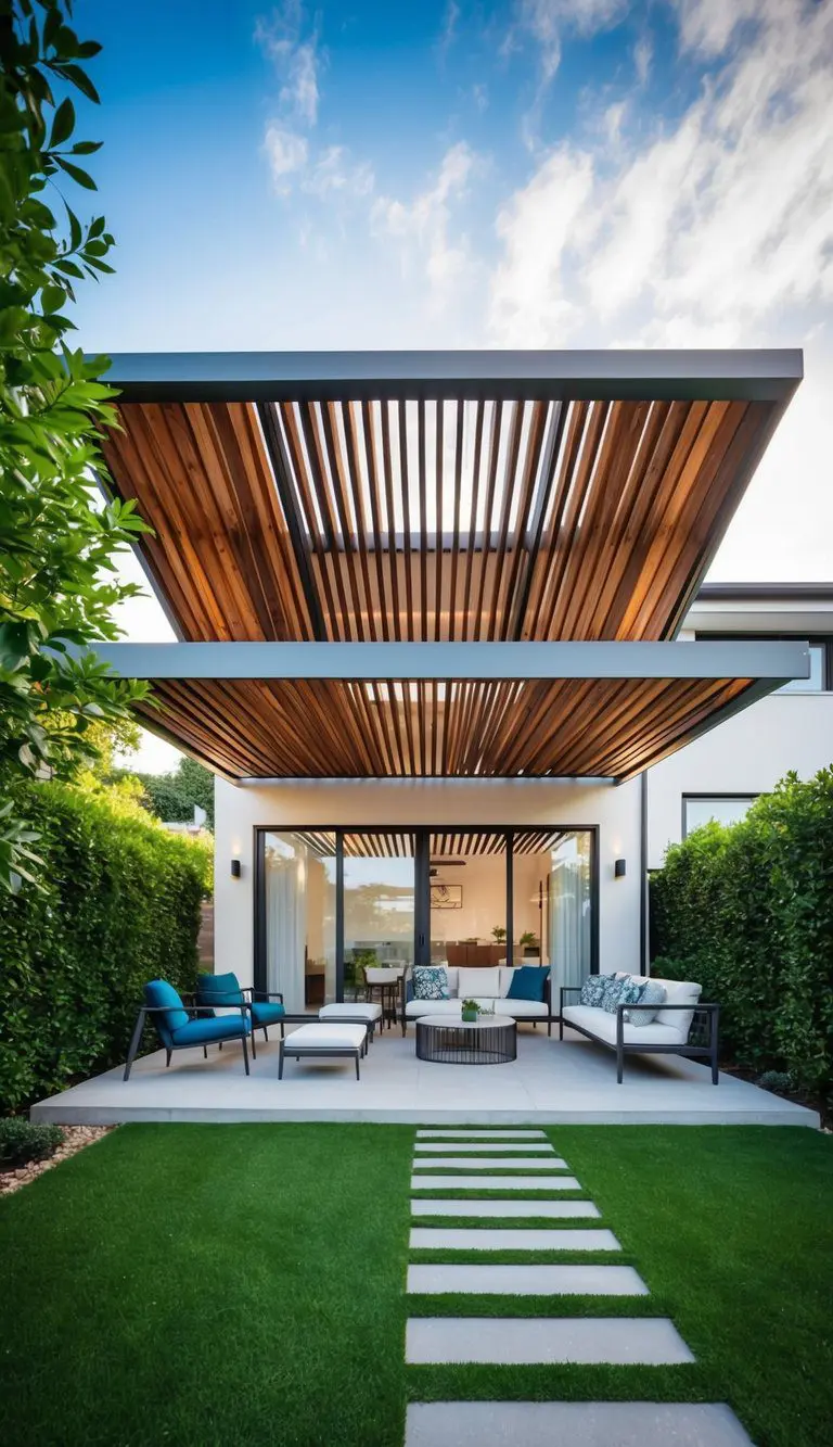 A modern house with a rustic wood slat awning, surrounded by lush greenery and contemporary outdoor furniture