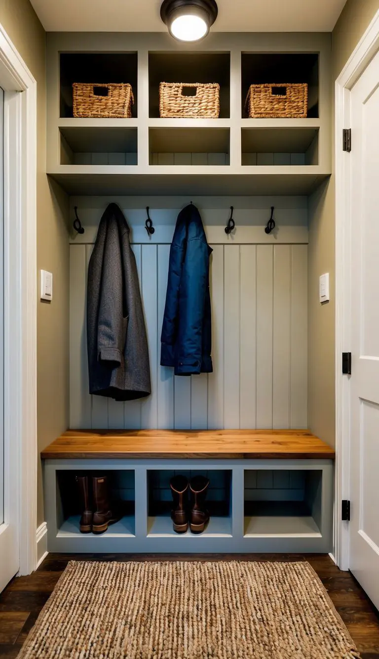 A small mudroom with built-in storage, hooks for coats, a bench for seating, and a rug for wiping shoes