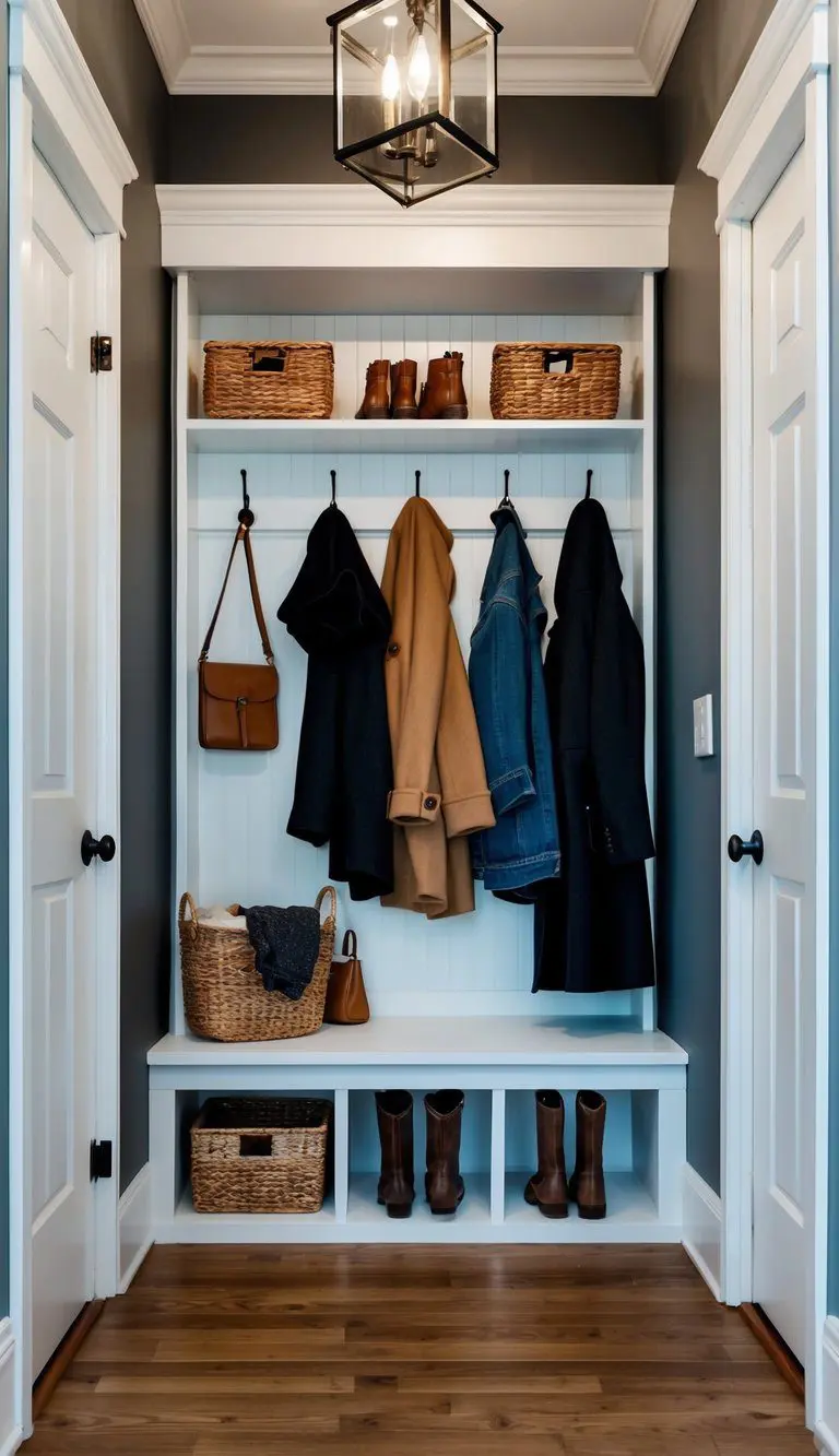 A small entryway with built-in storage for shoes, coats, and accessories. Hooks, shelves, and baskets keep items organized and easily accessible