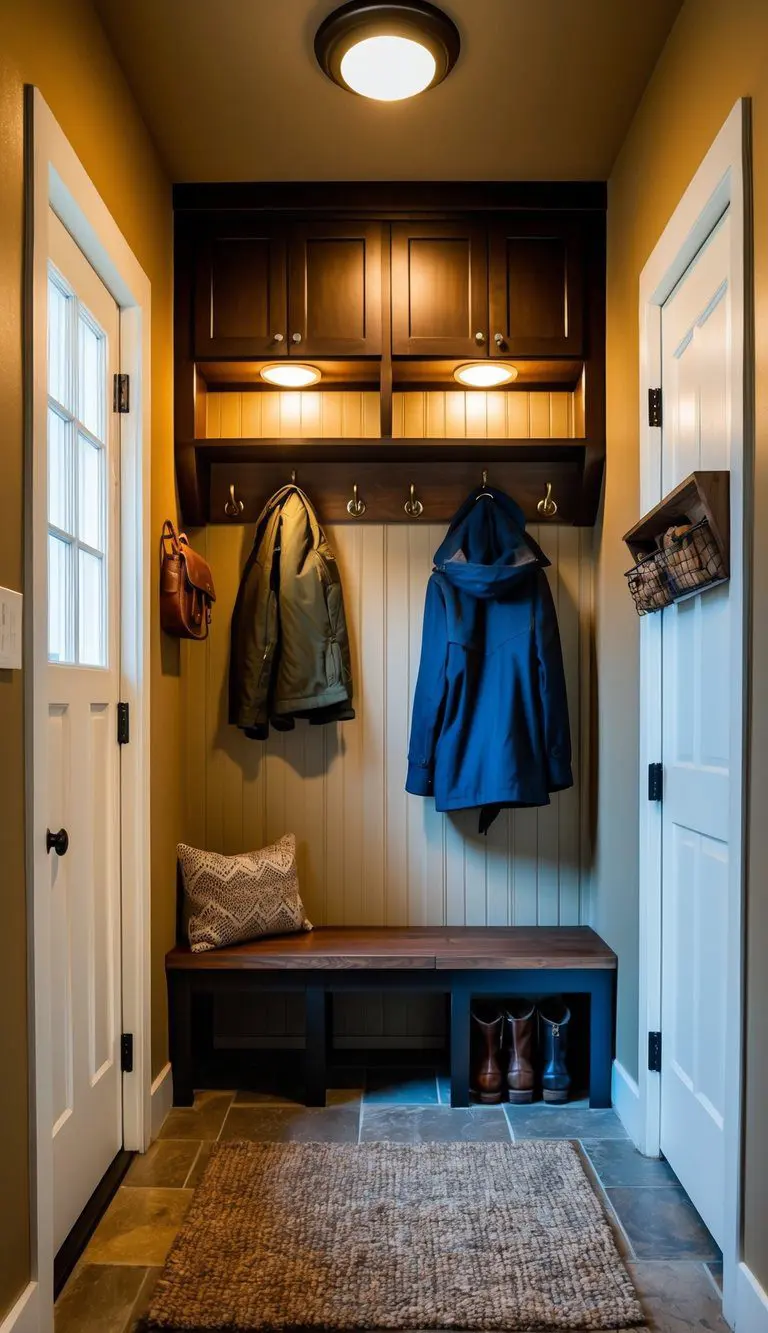 A cozy mud room with a small entryway, featuring warm lighting and rustic decor, including a bench, hooks for jackets, and a shoe rack