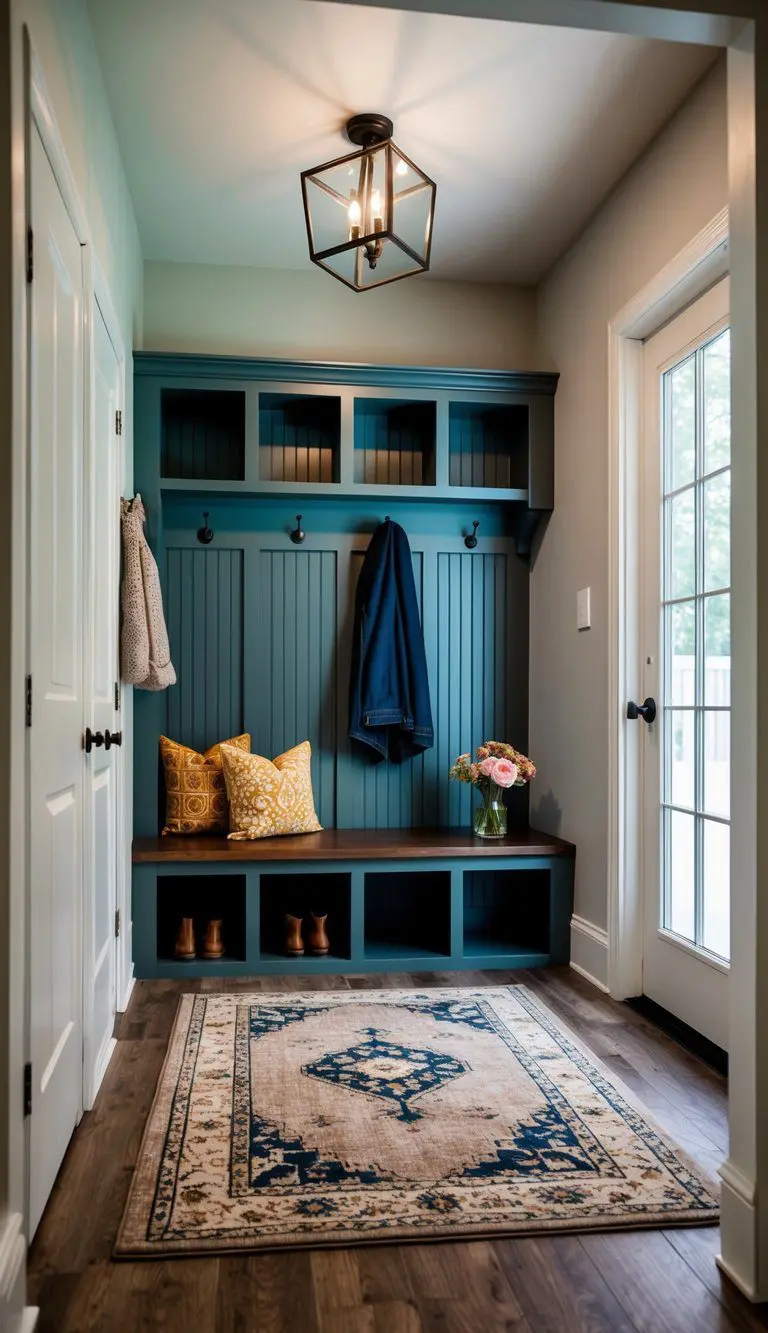 A compact mudroom with a bench, storage cubbies, hooks, and a stylish rug. A small table with a vase of flowers sits by the door