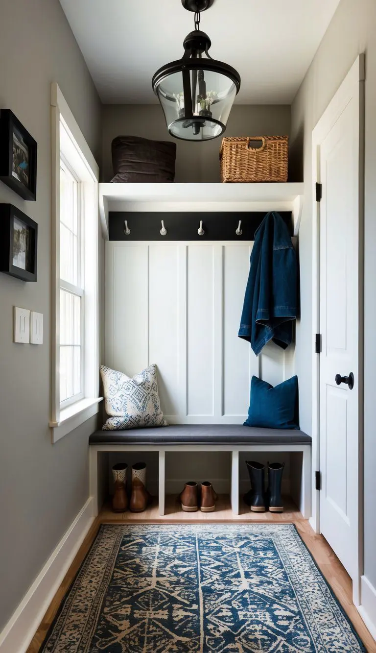 A small mud room with stylish and functional floor coverings, including a patterned rug, shoe rack, and storage bench with a cushion