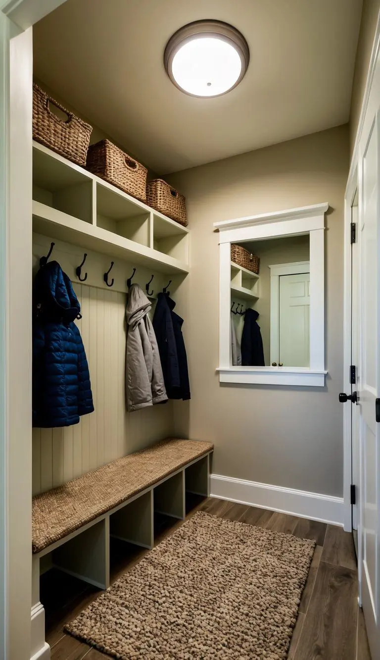 A small mudroom with built-in storage, hooks for coats, a bench for sitting, and a rug on the floor. A shelf with baskets for organizing and a mirror on the wall
