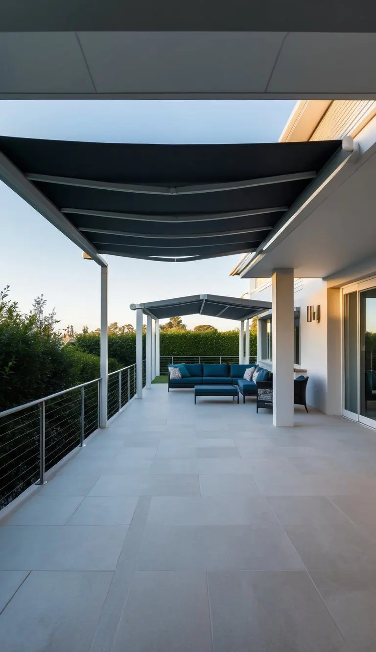 A sleek, modern pergola with a retractable cover, surrounded by a stylish porch with awnings. Clean lines and contemporary design