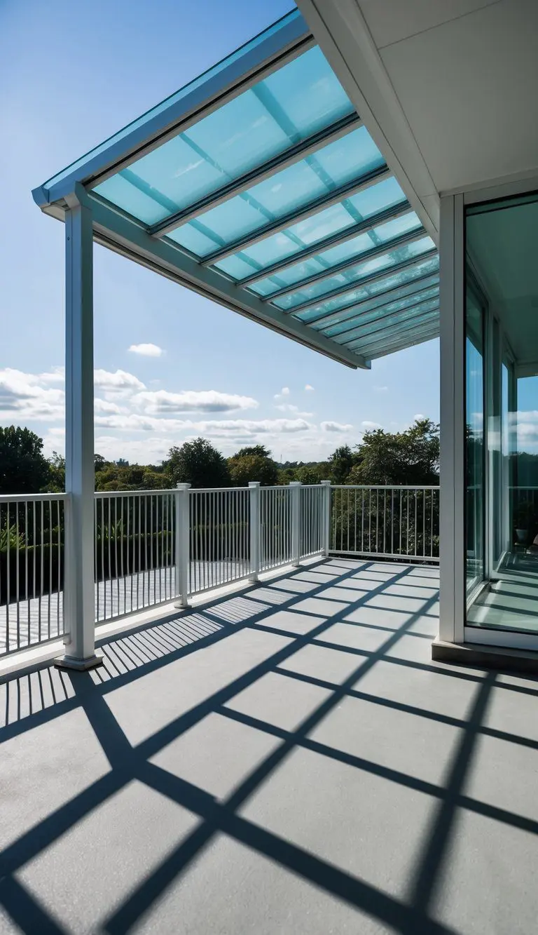 A sleek aluminum-framed glass awning extends over a modern porch, casting a geometric pattern of shadows on the ground below