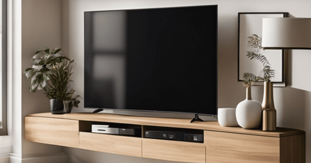 Modern living room with wood media console, plant, lamp, and decorative vases