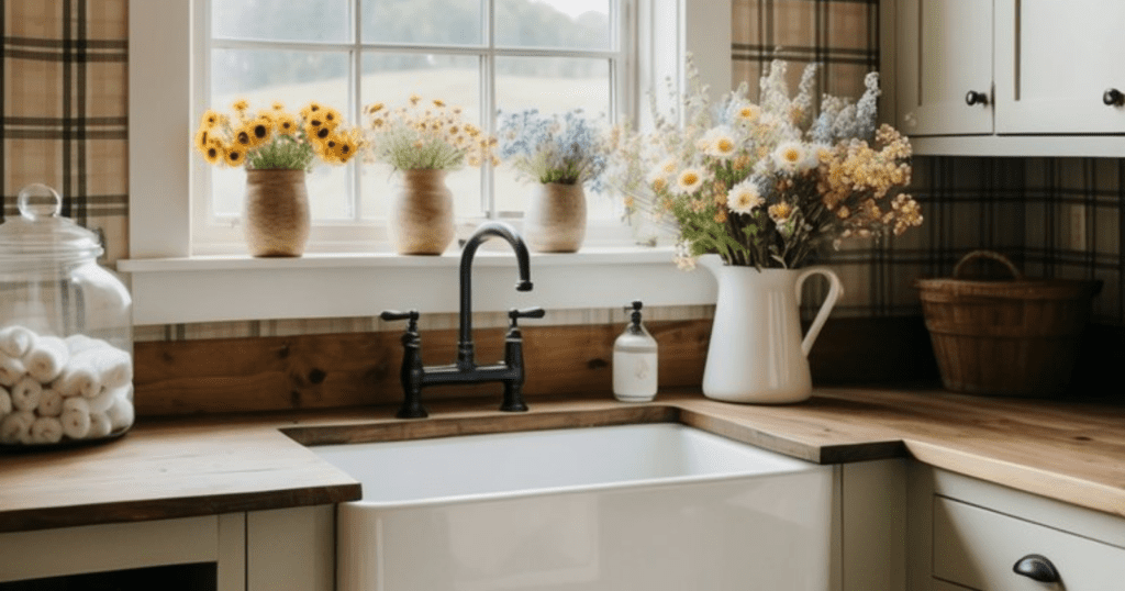 Farmhouse laundry room with plaid wallpaper, apron sink, wood counters, and flowers