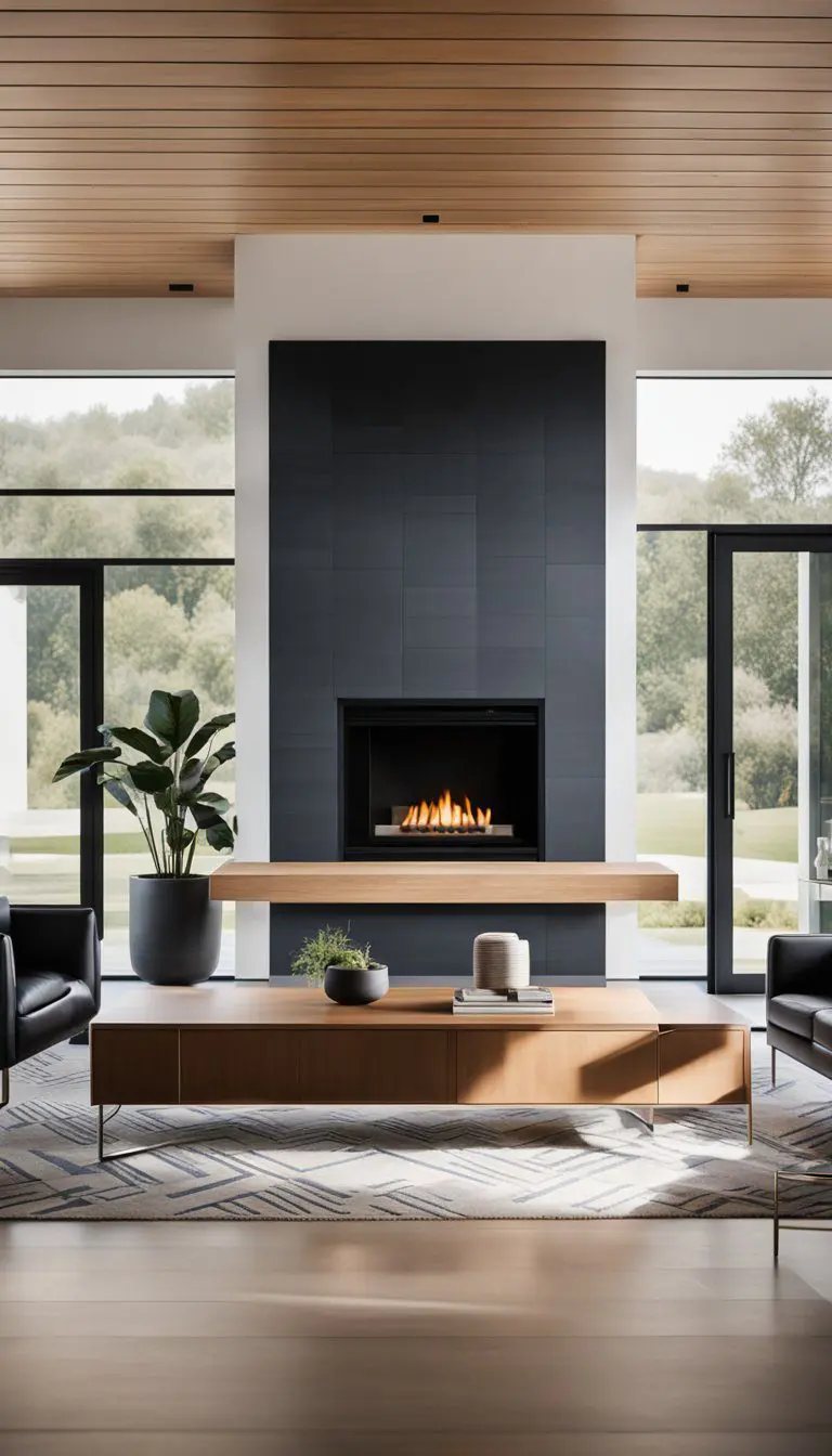 A modern ranch house with a sleek fireplace design, featuring clean lines and minimalist aesthetic