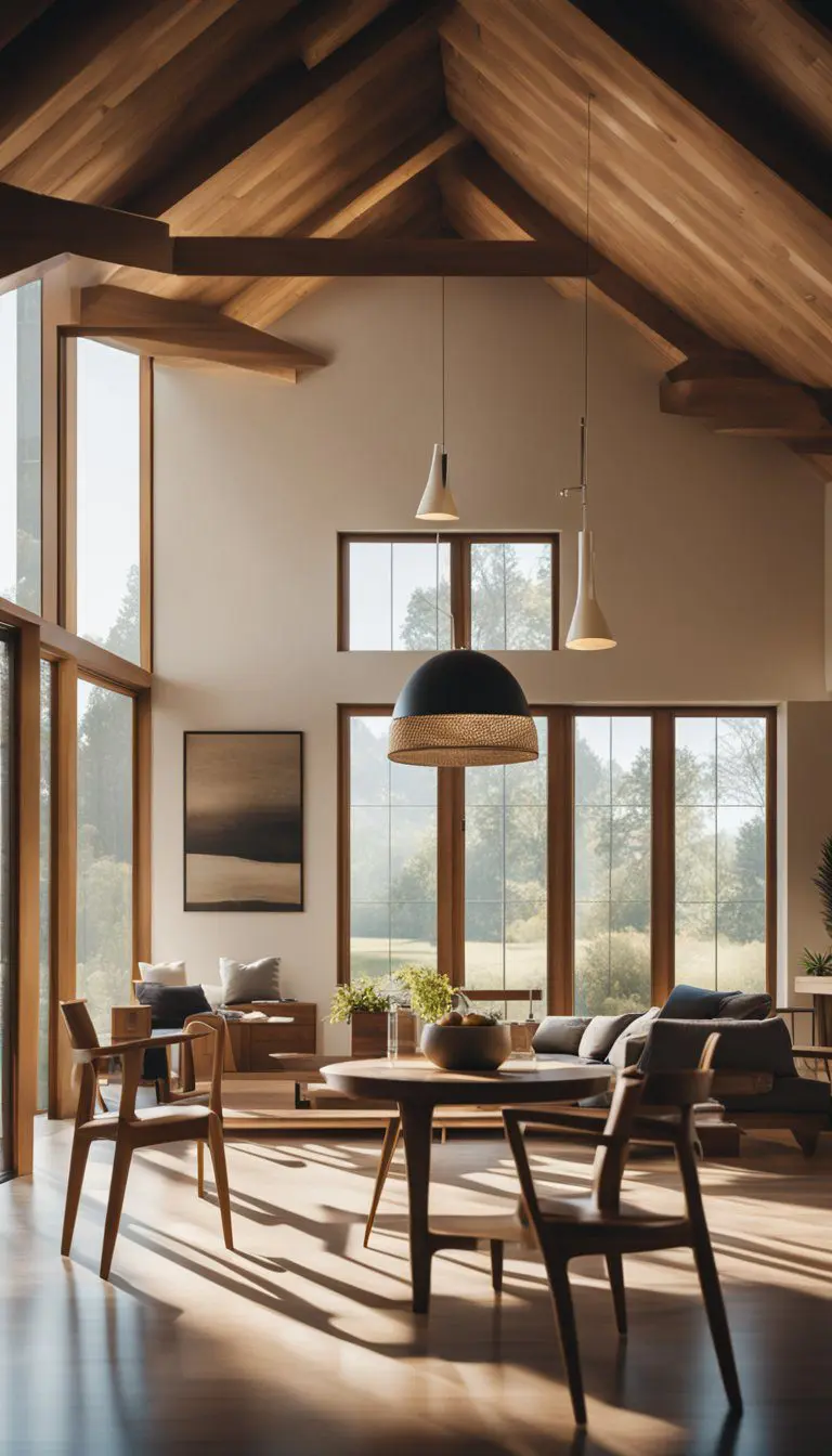 Sunlight streams through large windows onto sleek furniture below exposed wooden ceiling beams in a modern ranch house