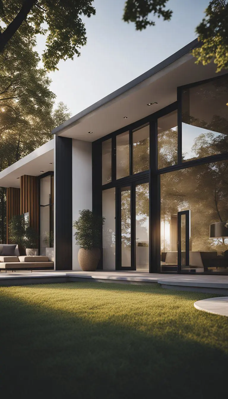 A sleek modern ranch house with large windows and a spacious outdoor patio