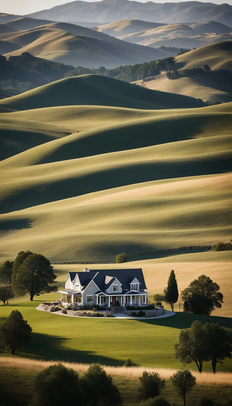 A modern ranch house with neutral color palettes, set against a backdrop of rolling hills and open sky