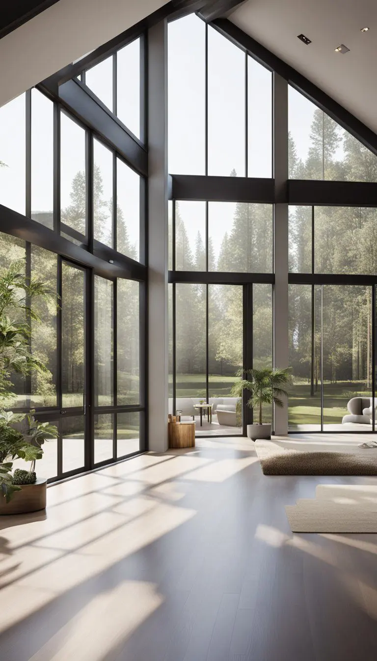 A spacious modern ranch house with open floor plans, featuring large windows and sleek, minimalist interior design
