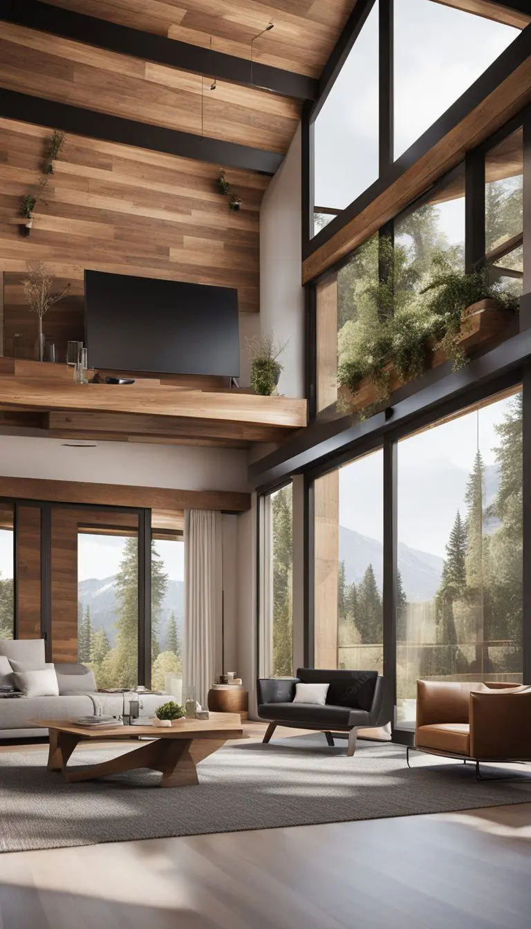 A modern ranch house with rustic wood accents, blending contemporary design with natural elements