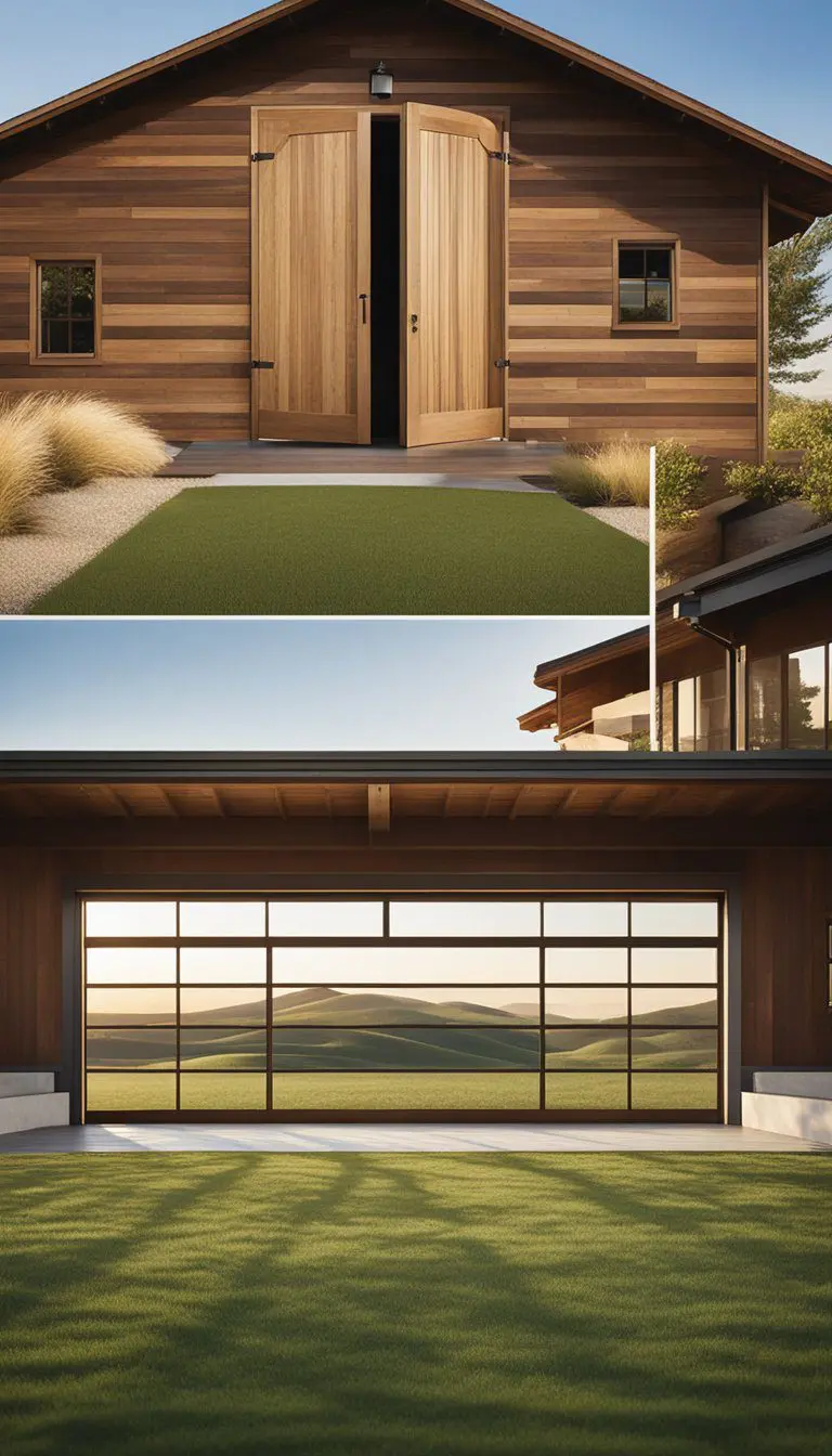 Two large barn-style doors flank the entrance of a sleek modern ranch house, set against a backdrop of rolling hills and a clear blue sky