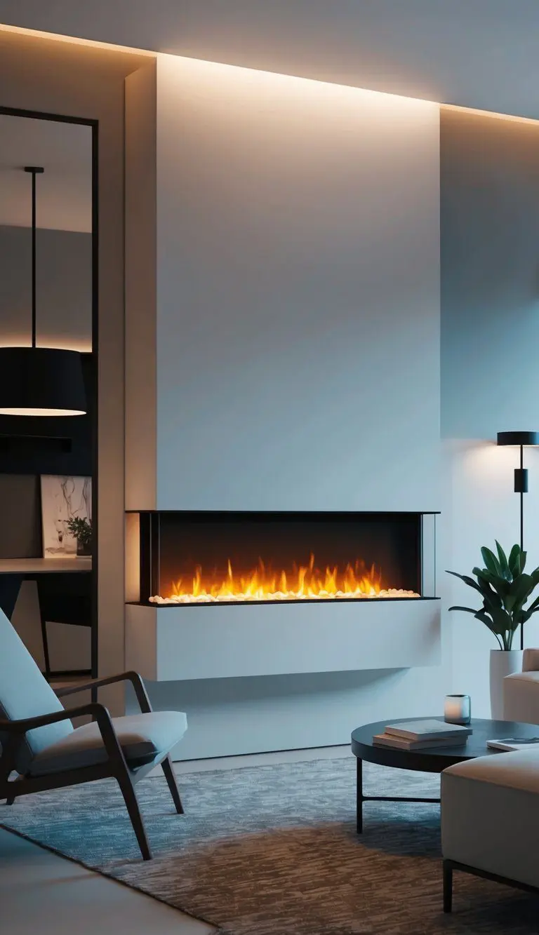 A sleek wall-mounted electric fireplace illuminates a modern living room with minimalist furniture and clean lines