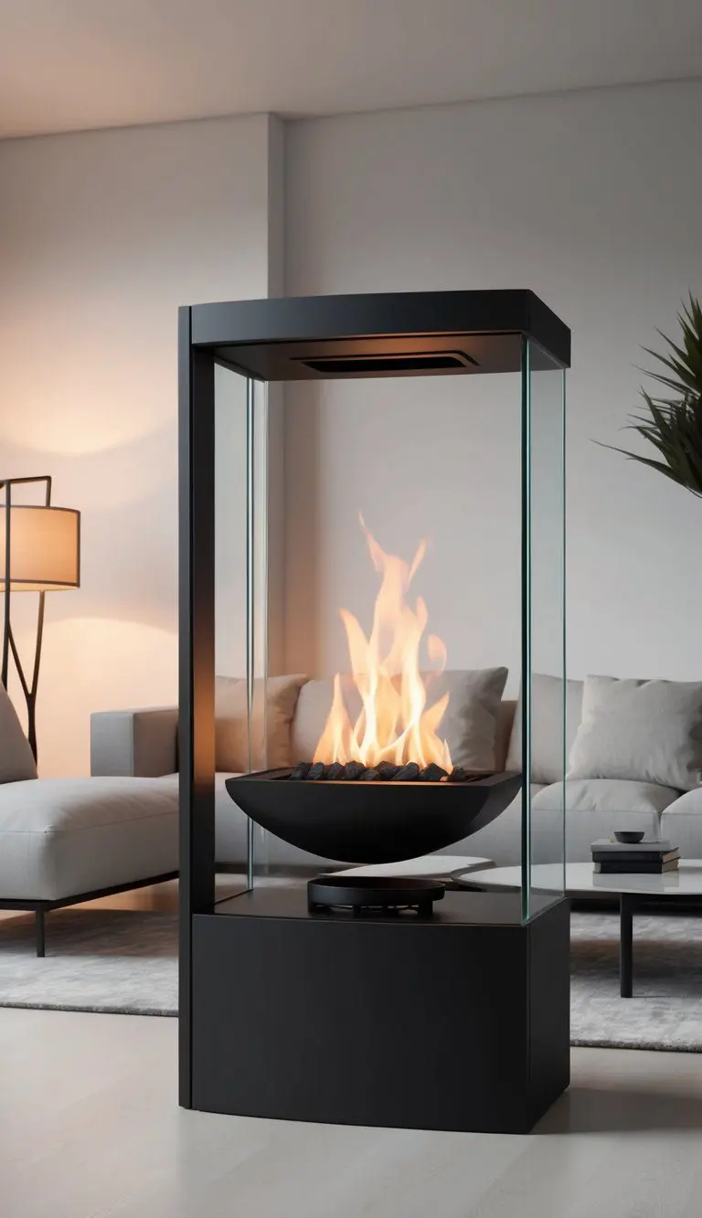 A sleek, glass-encased ethanol fireplace flickers with a warm, modern glow in a minimalist living room