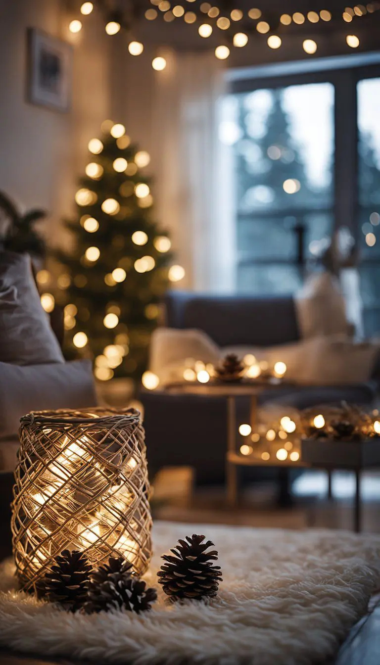 A cozy living room adorned with string lights and pinecone accents, creating a warm and festive ambiance