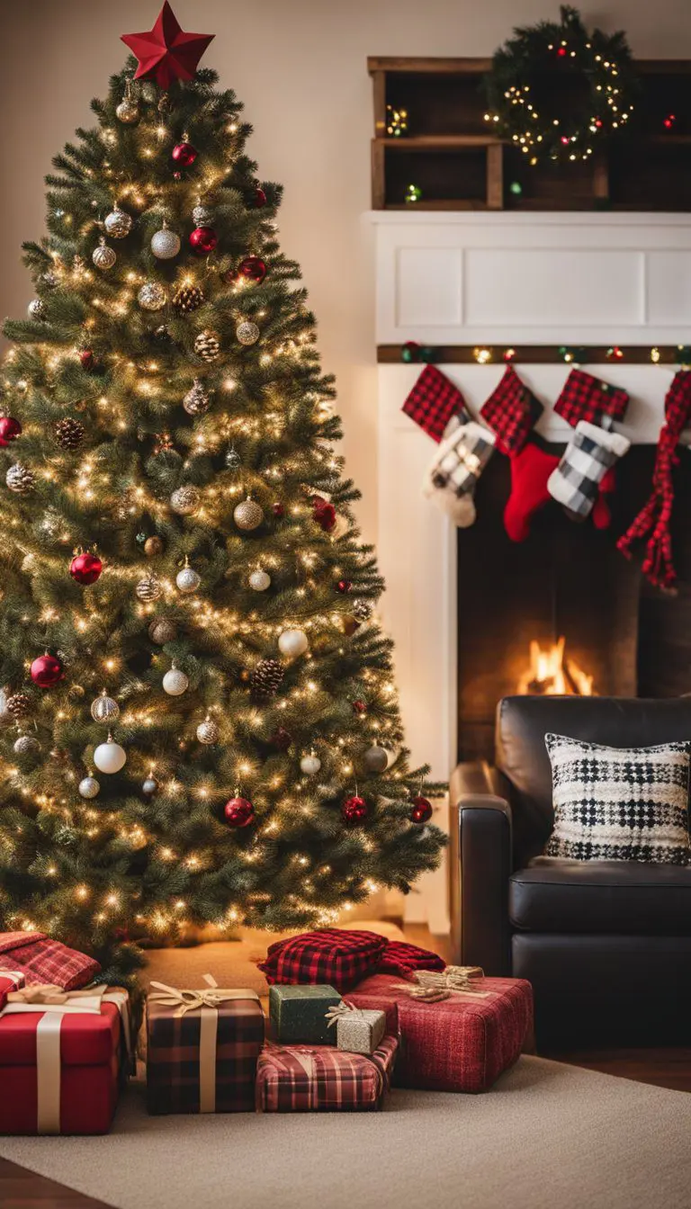 A cozy living room with buffalo plaid throw pillows on a comfy sofa, adorned with festive Christmas decor like twinkling lights, garland, and a sparkling tree