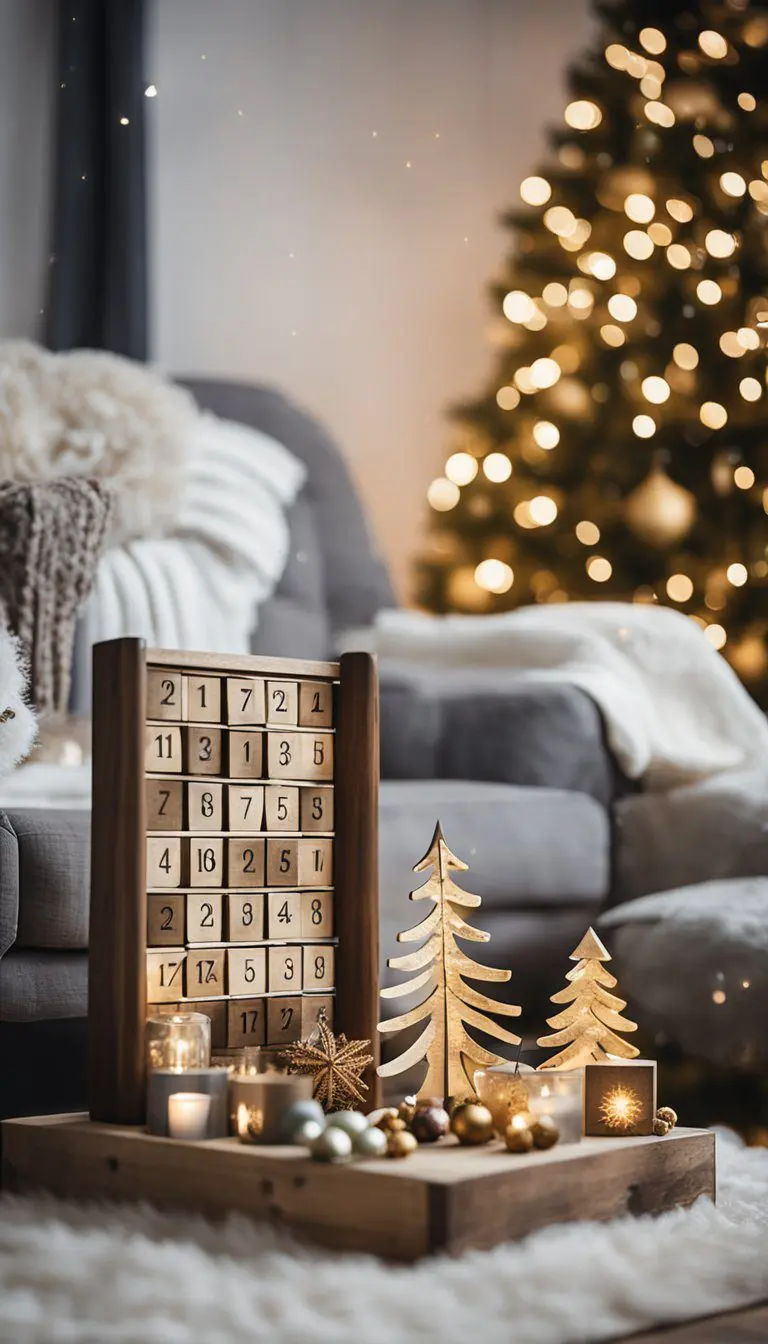 A cozy living room with a rustic wooden advent calendar surrounded by festive Christmas decor