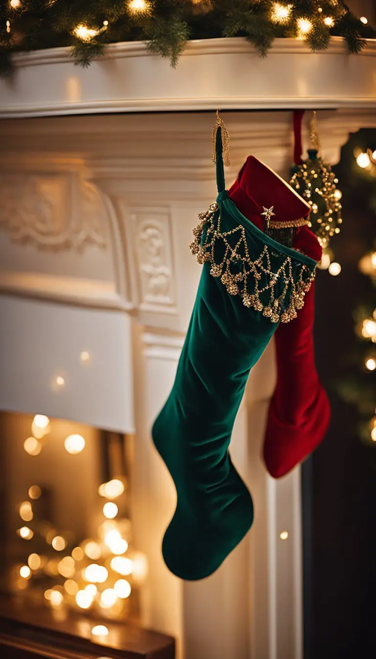 Velvet stockings with tassels hang from a mantel, surrounded by twinkling lights, garland, and festive ornaments in a cozy living room