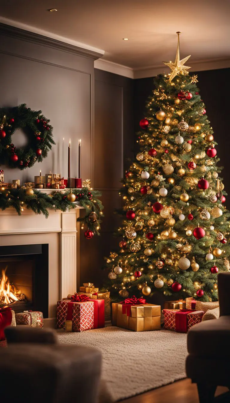 A cozy living room with a festive Christmas tree, stockings hung by the fireplace, warm glowing lights, and a mix of red, green, and gold decor