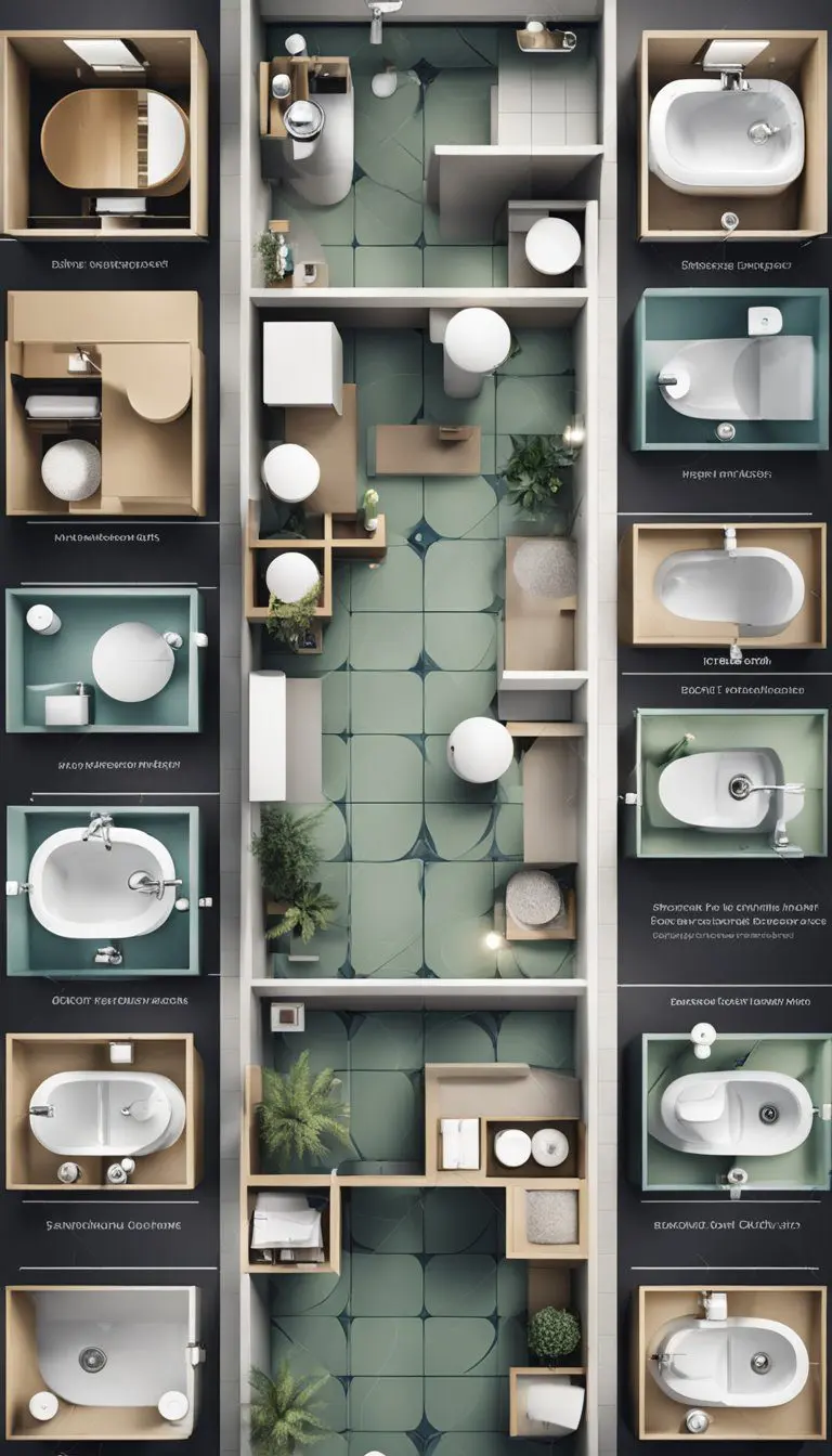 A bird's-eye view of 9 different small bathroom layouts, each with unique fixtures and design elements