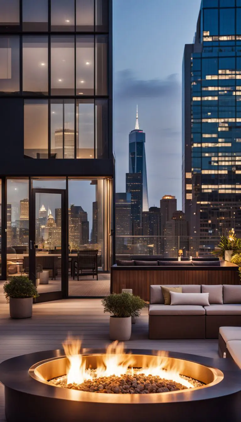 A sleek rooftop deck with a built-in fire pit, cozy seating, and a panoramic view of the city skyline