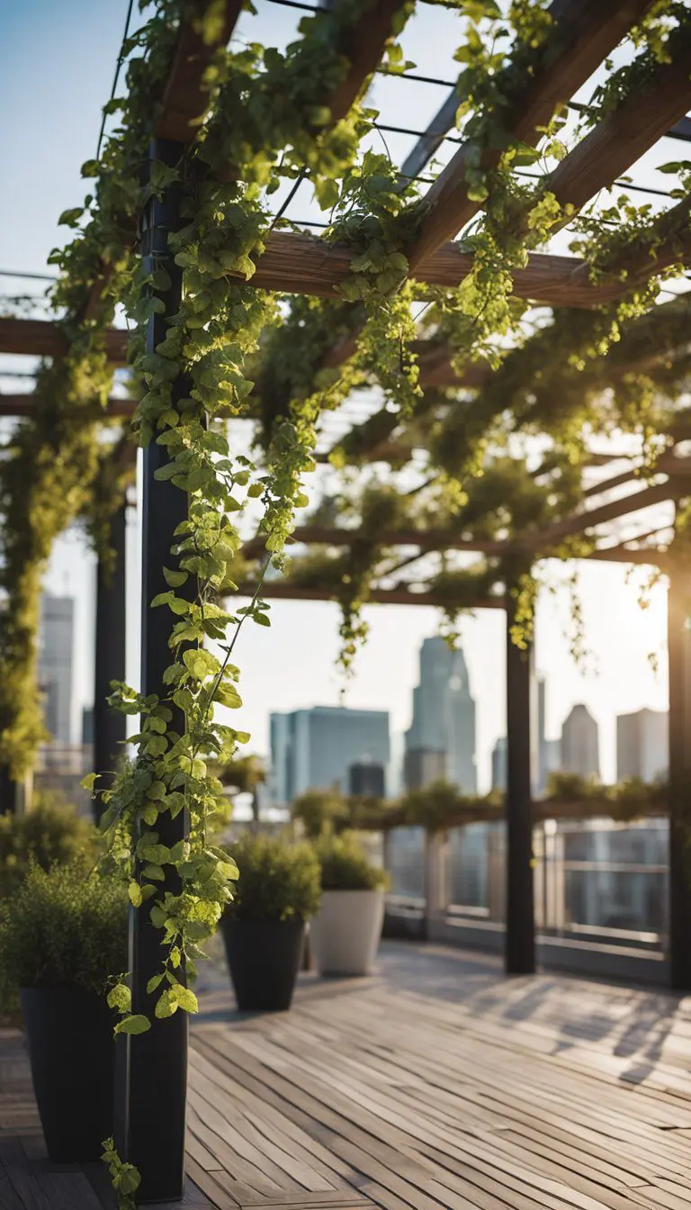 A wooden pergola covered in climbing plants stands on a modern rooftop deck