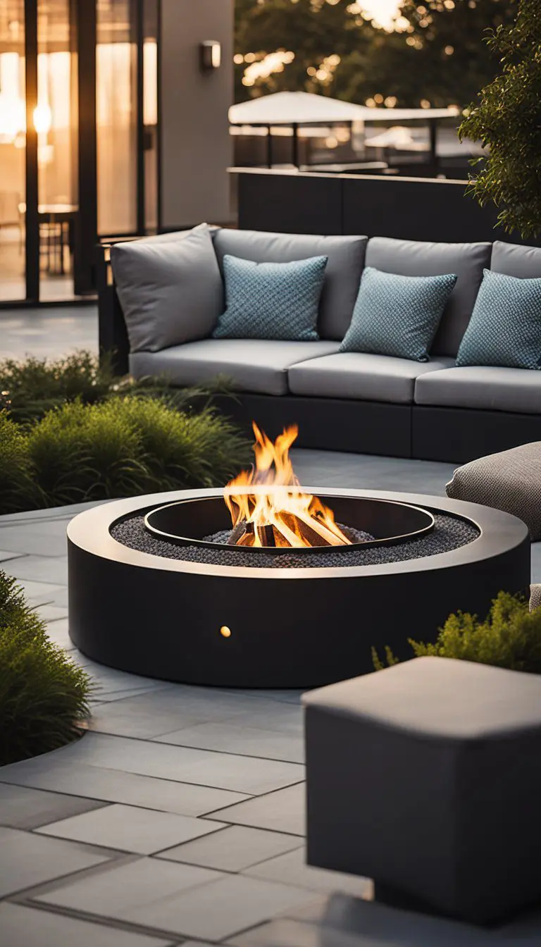 A sleek, circular fire pit is surrounded by contemporary outdoor seating on a rooftop deck. Glass railings and minimalist landscaping complete the modern aesthetic