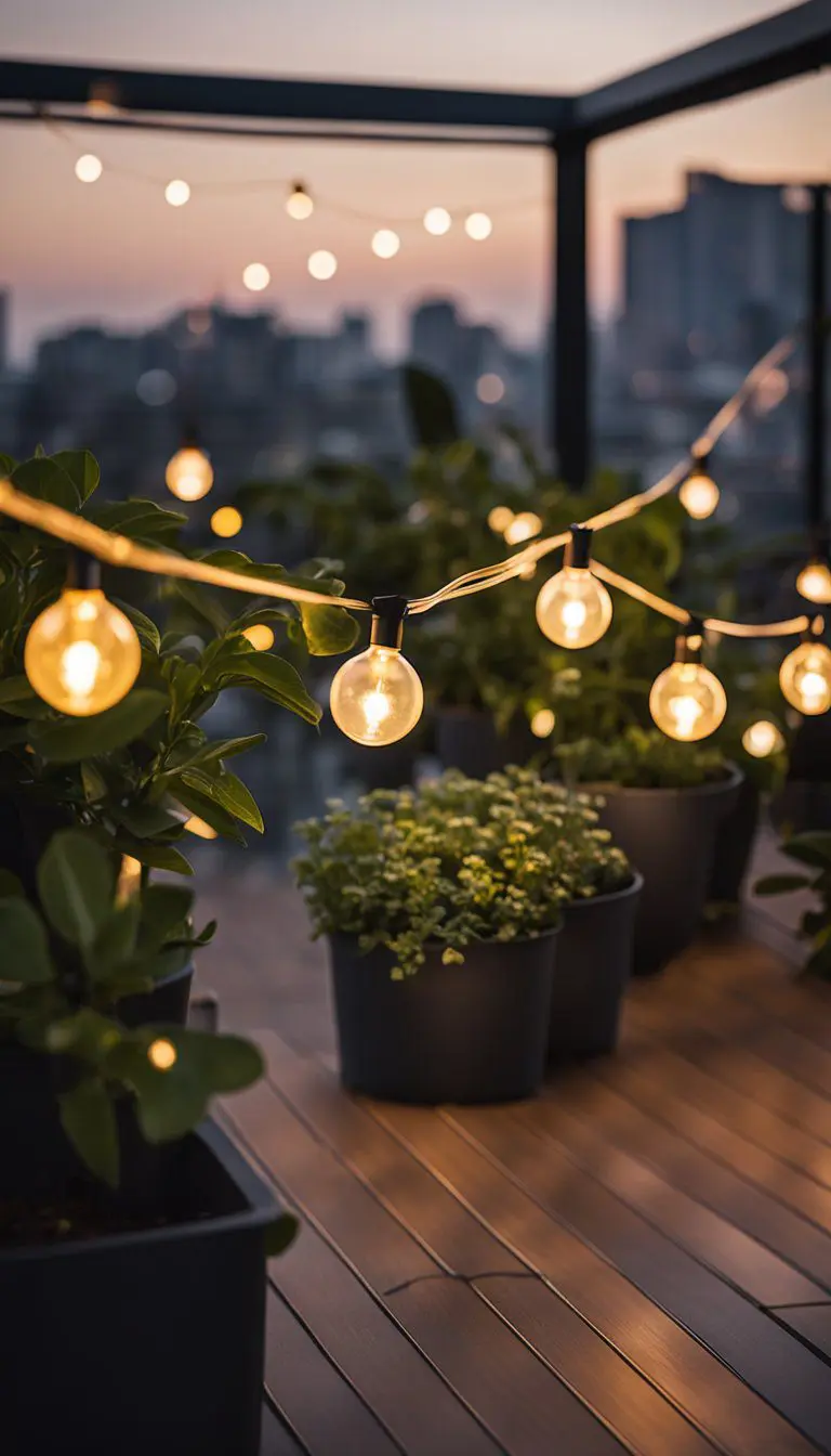 String lights hang above a sleek rooftop deck with modern furniture and potted plants, creating a warm and inviting ambiance