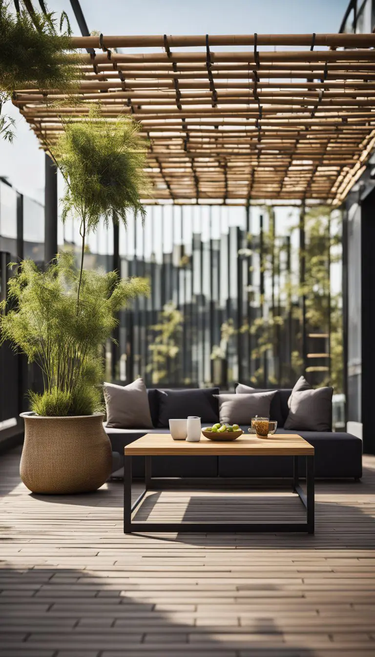 A rooftop deck with bamboo privacy screens and modern furniture